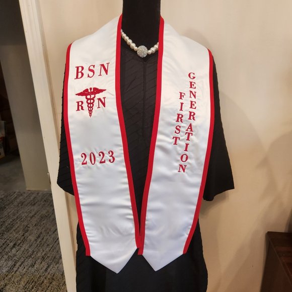 Satin Graduation Stole w Vertical Embroidery/Graduation Stole with Trim - Picture 2 of 6